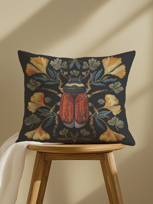 Luxury black pillowcase featuring a detailed scarab beetle with vibrant red-orange wings and dark thorax, surrounded by symmetrical golden ginkgo leaves and blue-green foliage. The intricate entomology artwork creates a striking focal point with scientific precision and artistic flair.